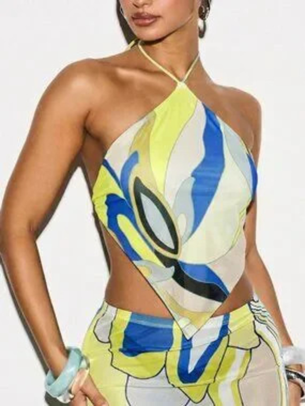 Baby Blue Printed Mesh Halter Neck Women's Crop Top Cover Up with Swirl Pattern